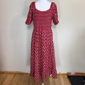 LEA Pink Floral Block Print Smocked Midi Dress Womens 1X Scalloped Hem Pockets